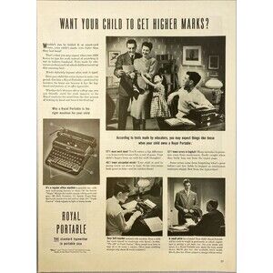 Royal Portable typewriter "Want you child to get Higher Marks?"Vtg Print Ad 1946